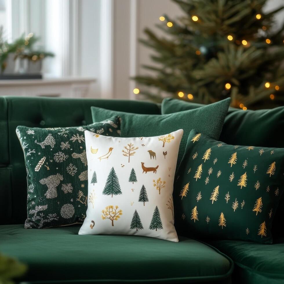 Cozy winter decor featuring festive pillows on a green couch near a decorated tree photo