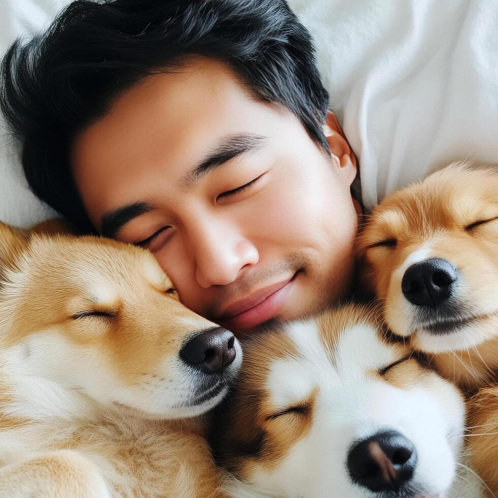 Man enjoys cozy time with two dogs on a soft blanket indoors during a relaxing afternoon photo