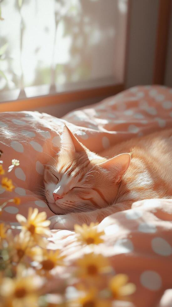 Cat relaxing on a cozy blanket surrounded by flowers in warm sunlight photo