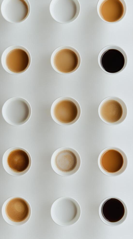 Different shades of coffee served in cups arranged on a white background in a cafe photo