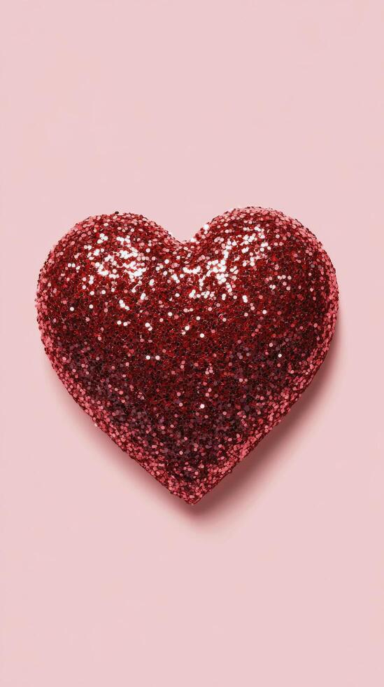 Shiny red heart shaped decoration on soft pink background for festive occasions photo