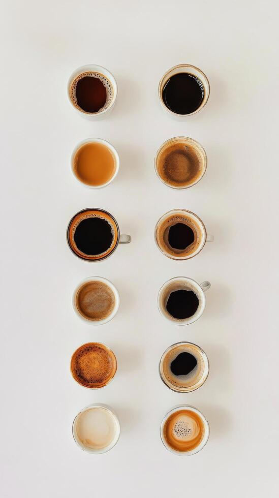 Different shades of coffee served in cups arranged on a white background in a cafe photo