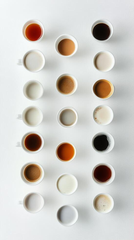 Different shades of coffee served in cups arranged on a white background in a cafe photo