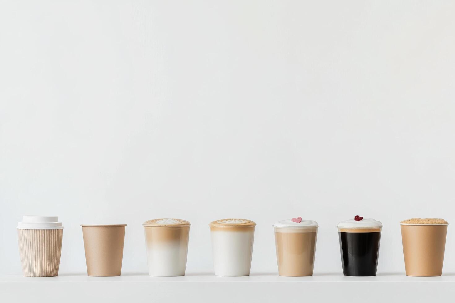 Different styles of coffee cups arranged in a row on a light background showcasing variety photo