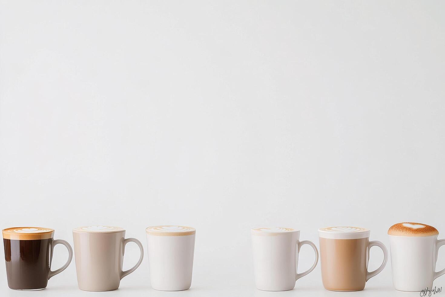Different styles of coffee cups arranged in a row on a light background showcasing variety photo