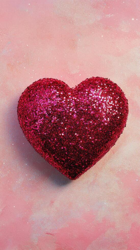 Shiny red heart shaped decoration on soft pink background for festive occasions photo