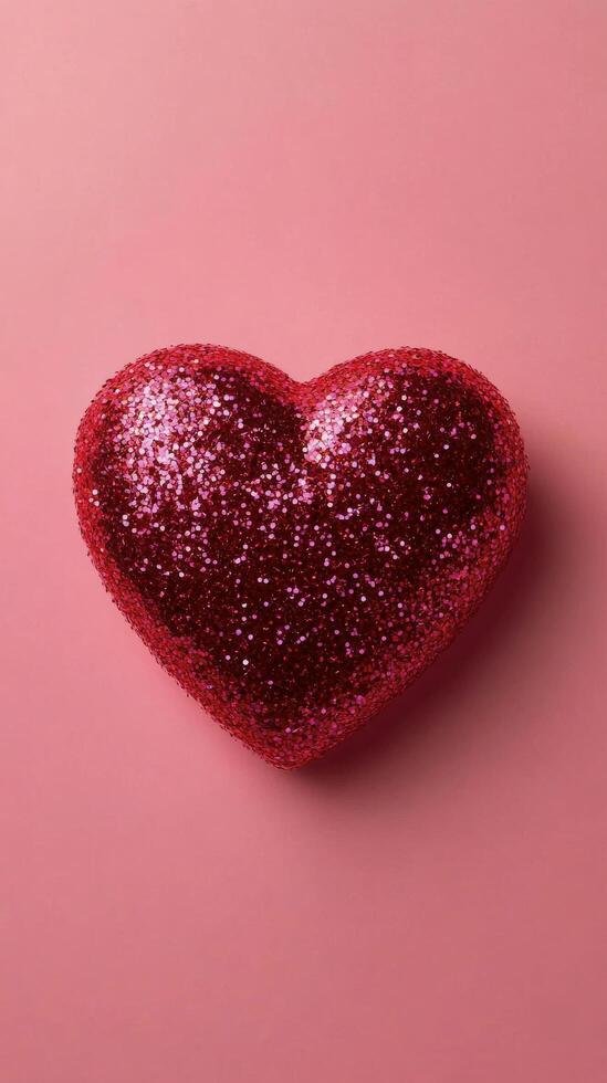 Shiny red heart shaped decoration on soft pink background for festive occasions photo