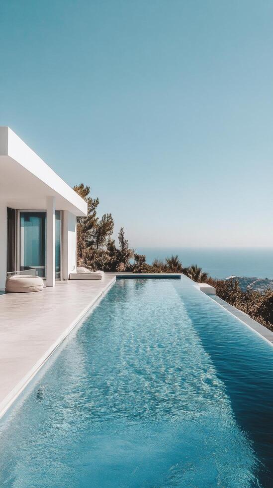 Luxury villa with infinity pool overlooking ocean and clear skies in serene landscape photo