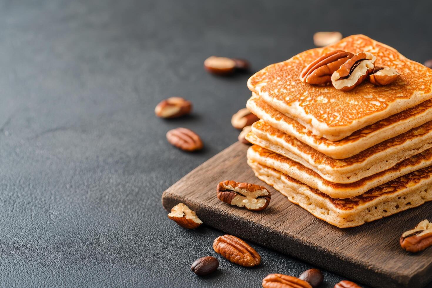 Stack of fluffy pancakes with pecans on a wooden board against a dark background photo