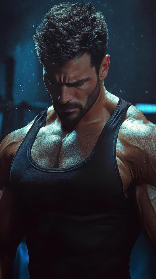 Strong man with muscular build preparing for workout in gym during evening light photo