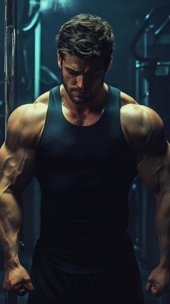 Strong man with muscular build preparing for workout in gym during evening light photo
