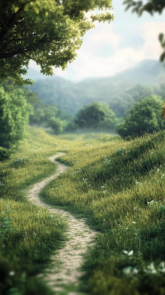 Winding pathway through lush greenery in a serene natural landscape during daylight photo