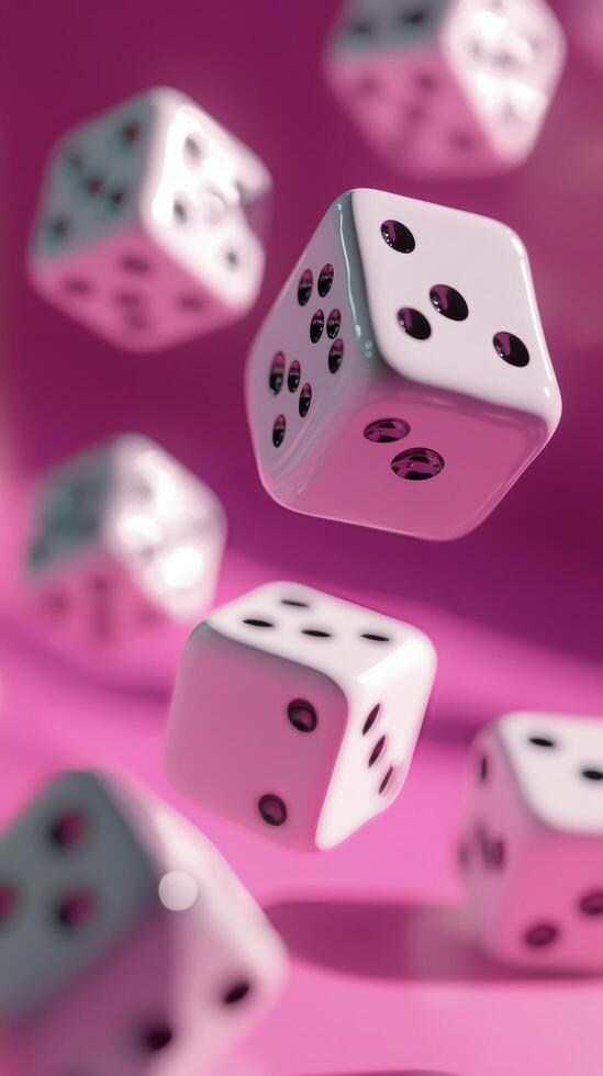 Falling pink dice create a playful atmosphere in a whimsical setting photo