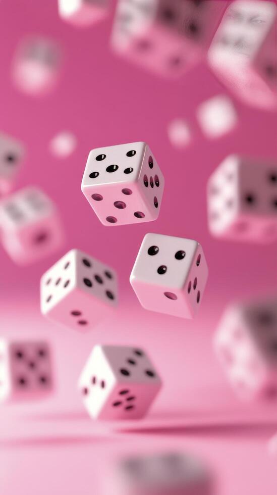 Falling pink dice create a playful atmosphere in a whimsical setting photo