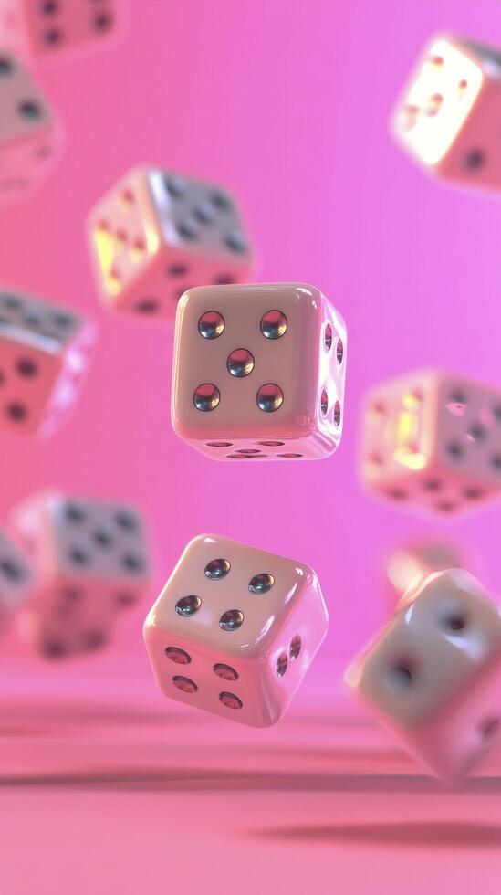 Falling pink dice create a playful atmosphere in a whimsical setting photo
