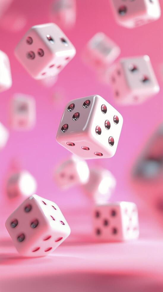 Falling pink dice create a playful atmosphere in a whimsical setting photo