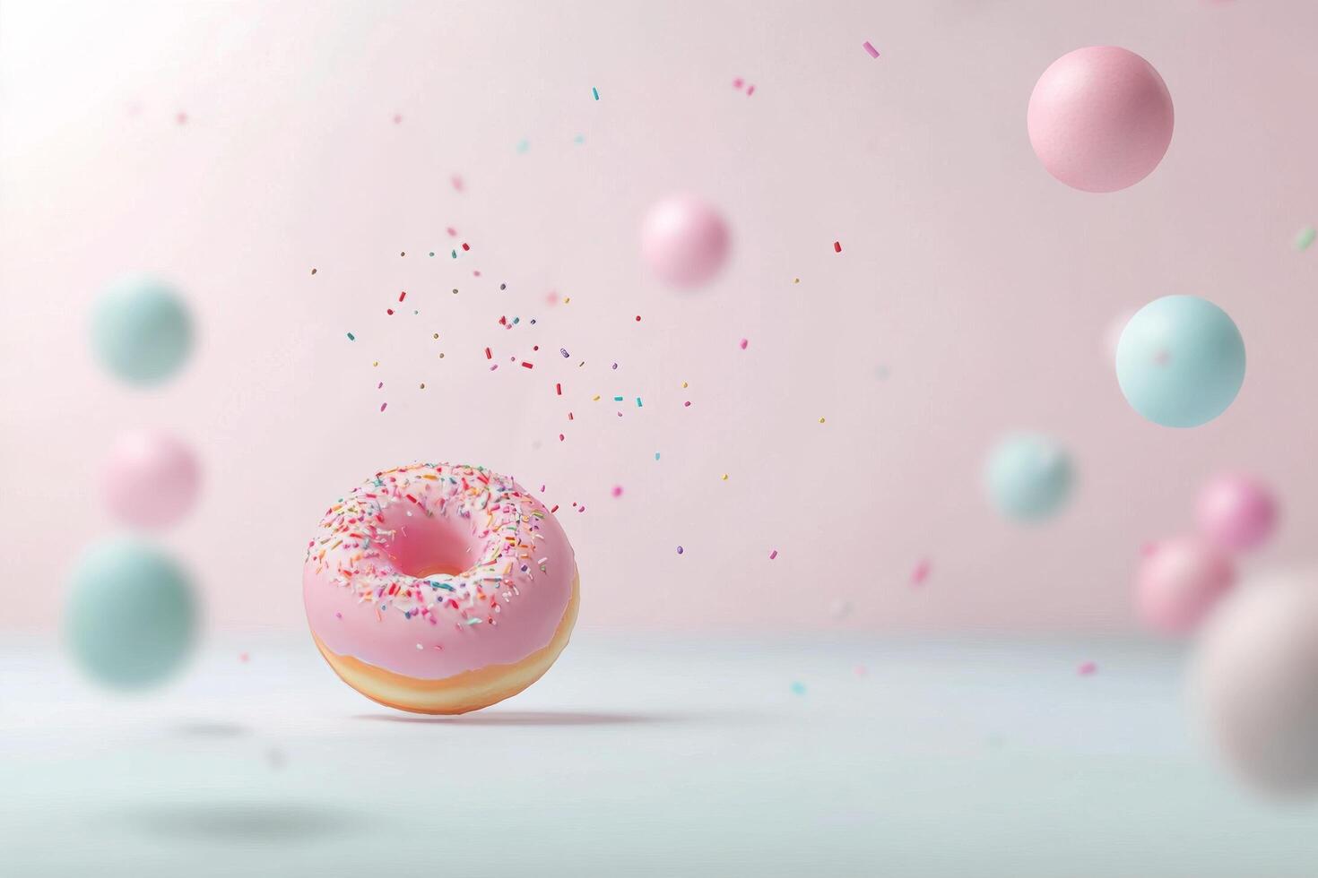 Colorful donut surrounded by pastel balls and sprinkles in a playful setting photo