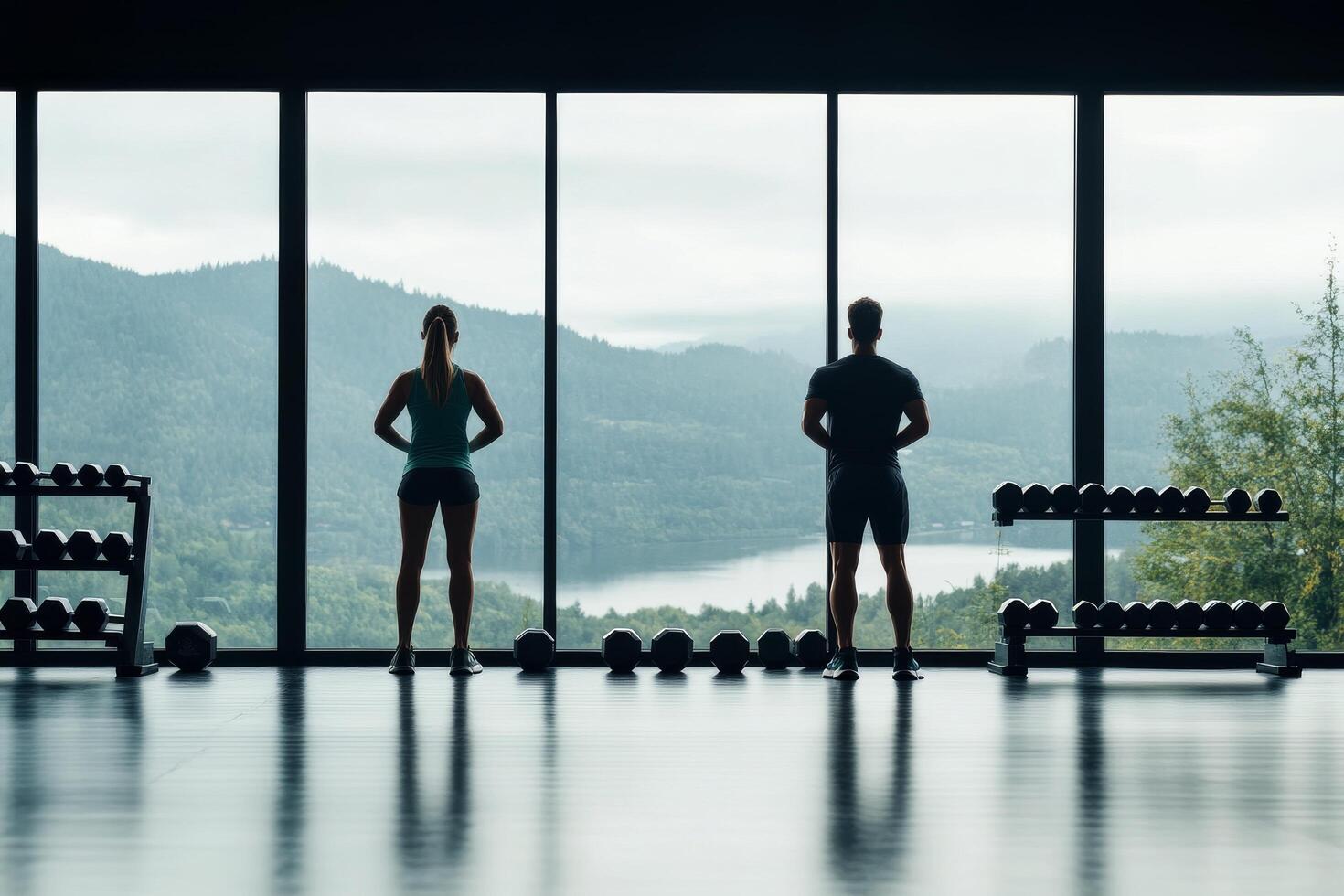 Two individuals exercising in a gym with scenic mountain views in the background photo
