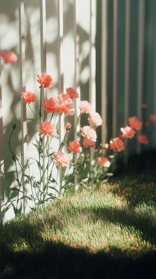 Soft pink flowers bloom beside a white wooden fence on a sunny day in a tranquil garden setting photo