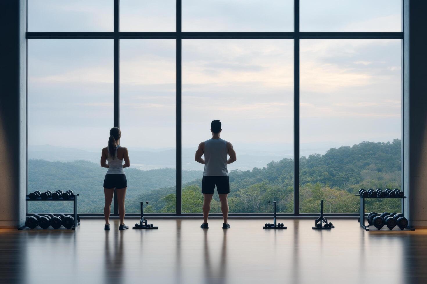Two individuals exercising in a gym with scenic mountain views in the background photo
