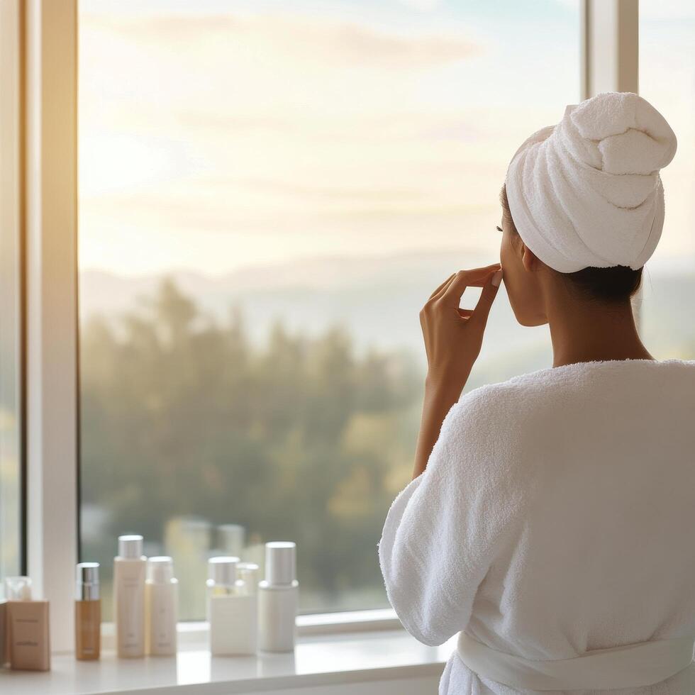 Relaxation and self care routine in a sunny bathroom with skincare products photo