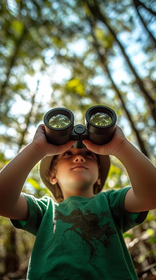 Child exploring nature with binoculars while observing wildlife in a green forest photo