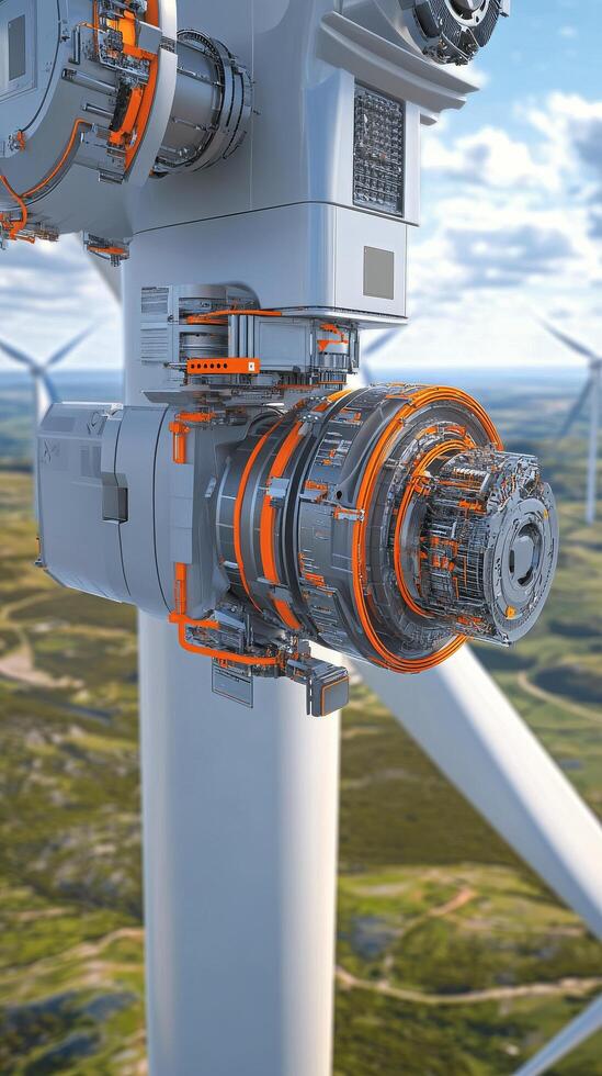 Understanding the intricate design of a wind turbine gearbox from a detailed perspective photo