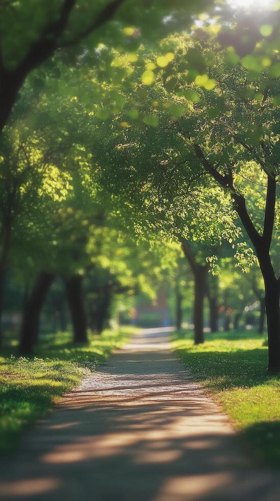 Lush green pathway through a serene park on a bright sunny day photo