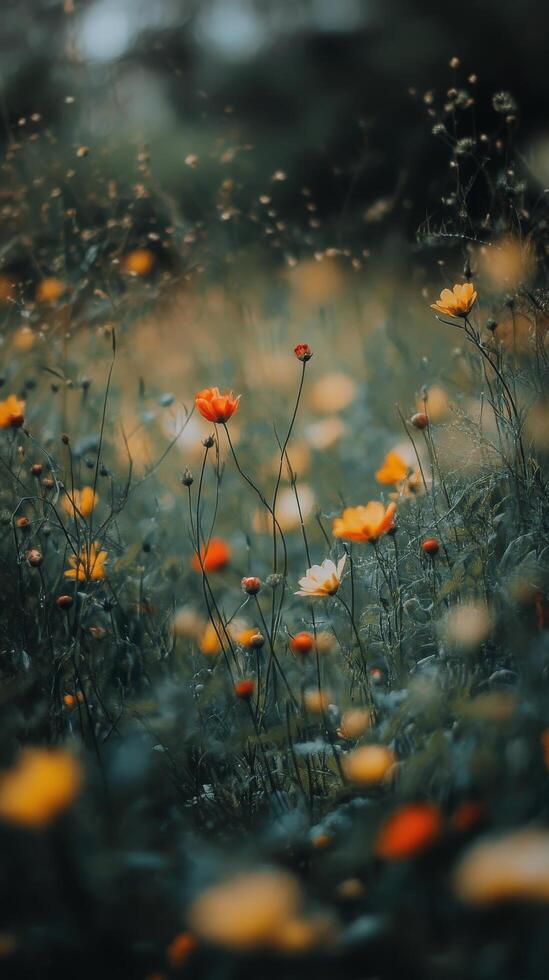 Colorful wildflowers sway gently in a serene meadow during the golden hour photo