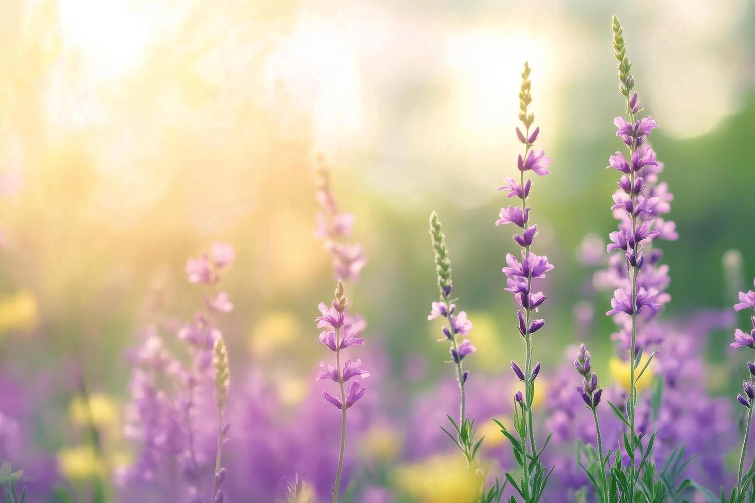Colorful field of wildflowers in bloom with mountains in the background during spring photo