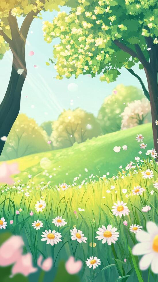 Serene spring landscape featuring blossoming trees and vibrant green grass photo