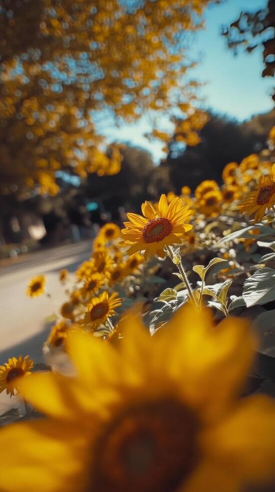 Vibrant sunflowers bloom along a peaceful street surrounded by autumn leaves photo