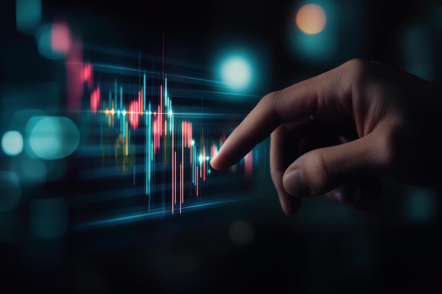Financial analysis using digital charts and touch interface in a dark environment photo