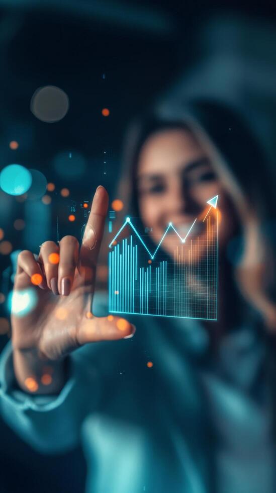 Digital visualization of financial growth data displayed in hands against a blurred background photo