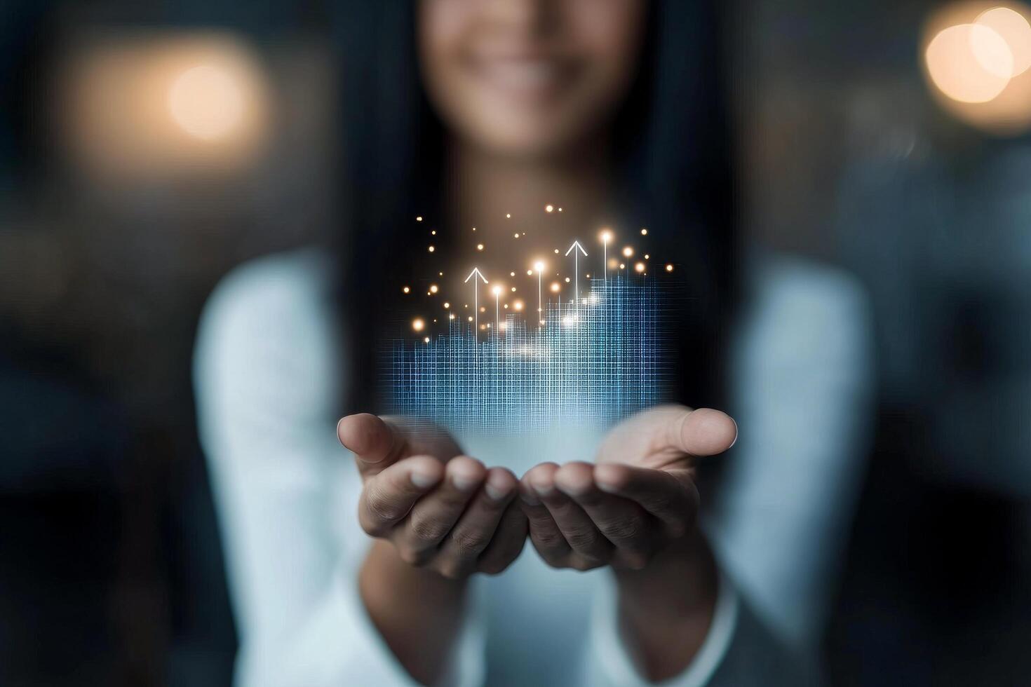 Smiling professional woman presenting data analytics concept with glowing graph photo