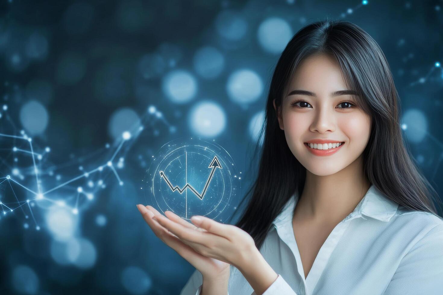Smiling professional woman presenting data analytics concept with glowing graph photo