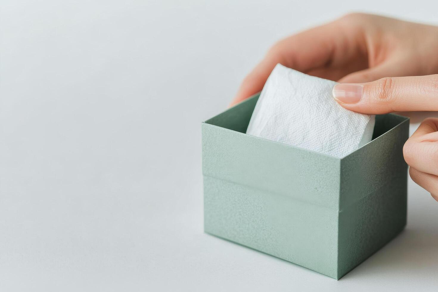 Hand reaching for tissue from a teal box on a white table in a calm environment photo