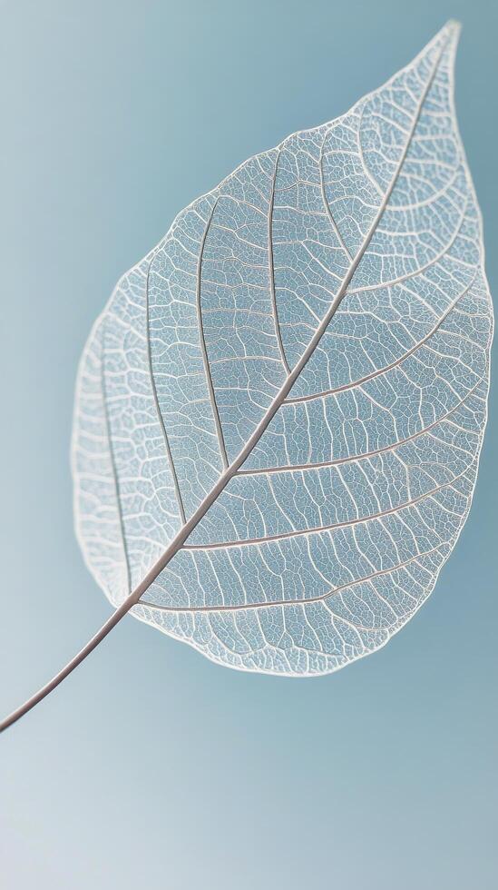 Delicate skeleton leaf against a serene blue background with soft lighting photo
