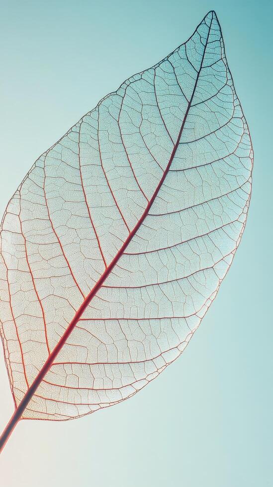Delicate skeleton leaf against a serene blue background with soft lighting photo
