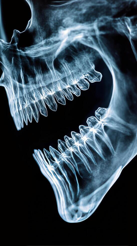 Detailed view of human skull demonstrating jaw structure in X ray imaging photo