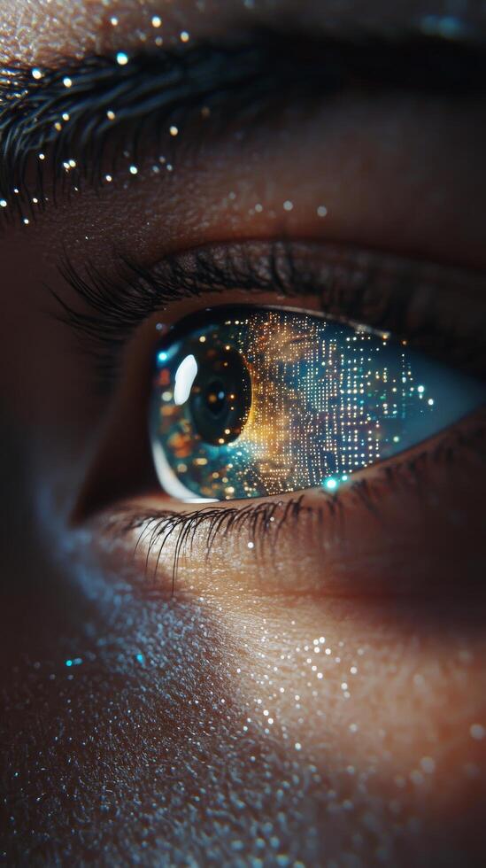 Close up view of an eye reflecting digital data and technology at night photo
