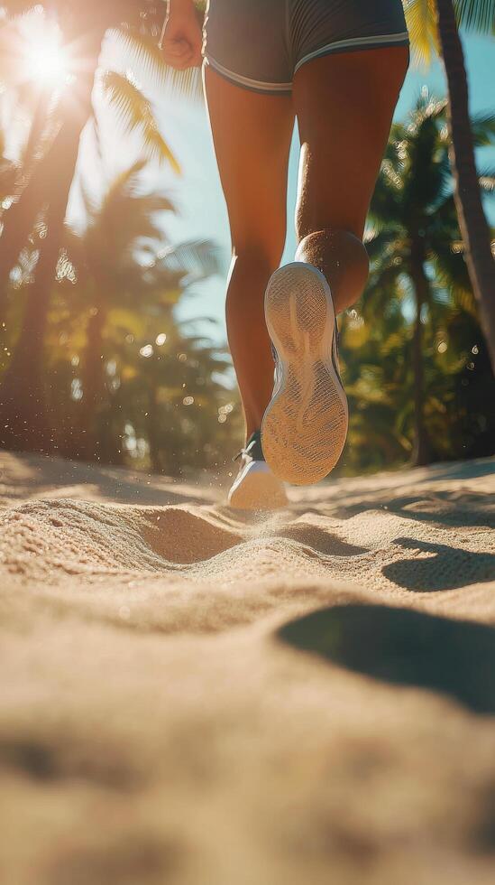 Running on sandy beach during sunset with palm trees in the background photo