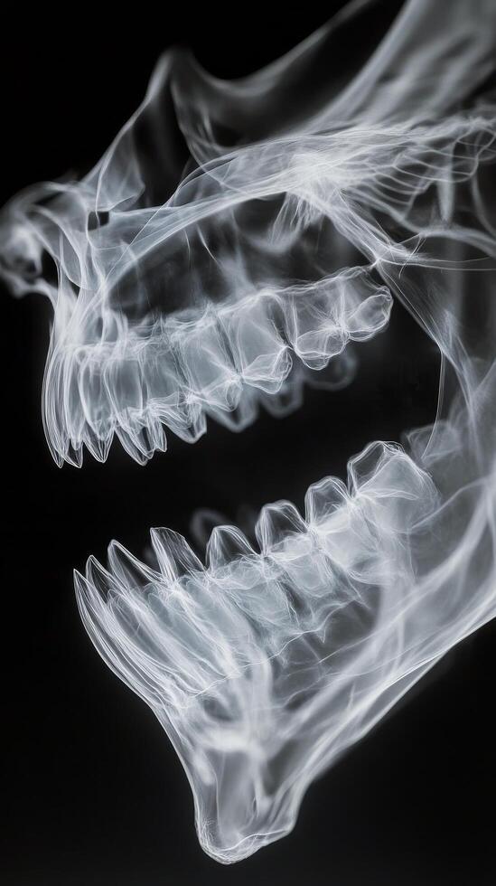 Detailed view of human skull demonstrating jaw structure in X ray imaging photo