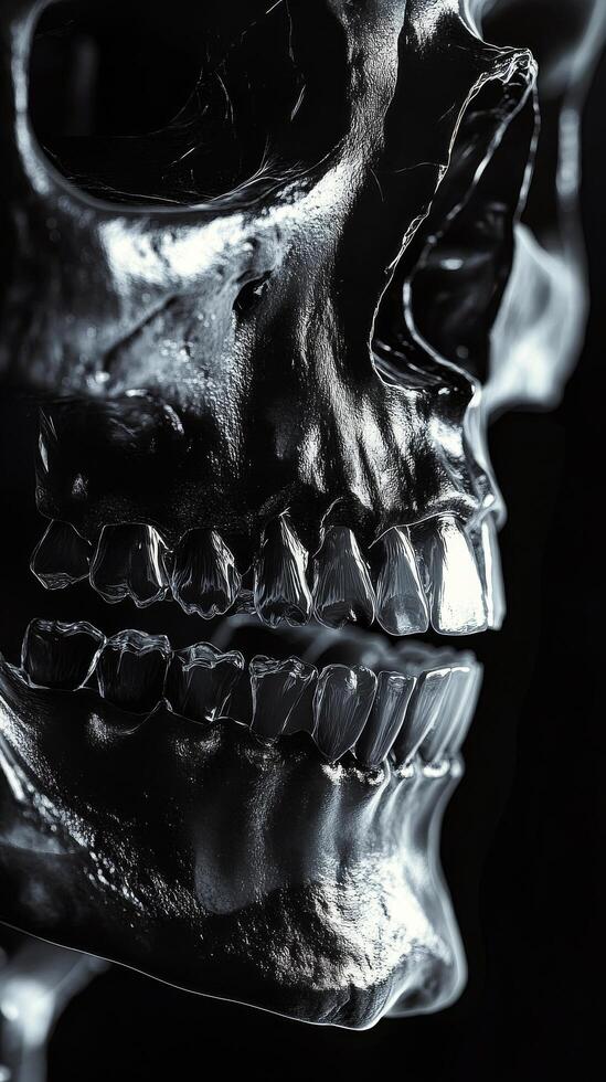Detailed view of human skull demonstrating jaw structure in X ray imaging photo