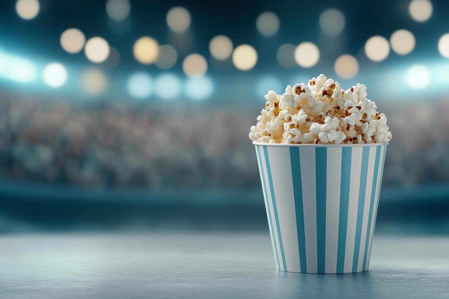 Delicious popcorn in striped container at a vibrant event under bright lights photo
