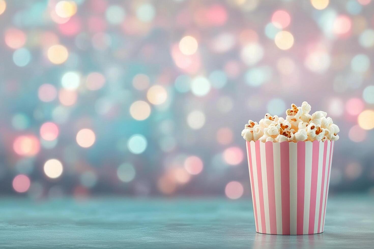 Delicious popcorn in striped container at a vibrant event under bright lights photo