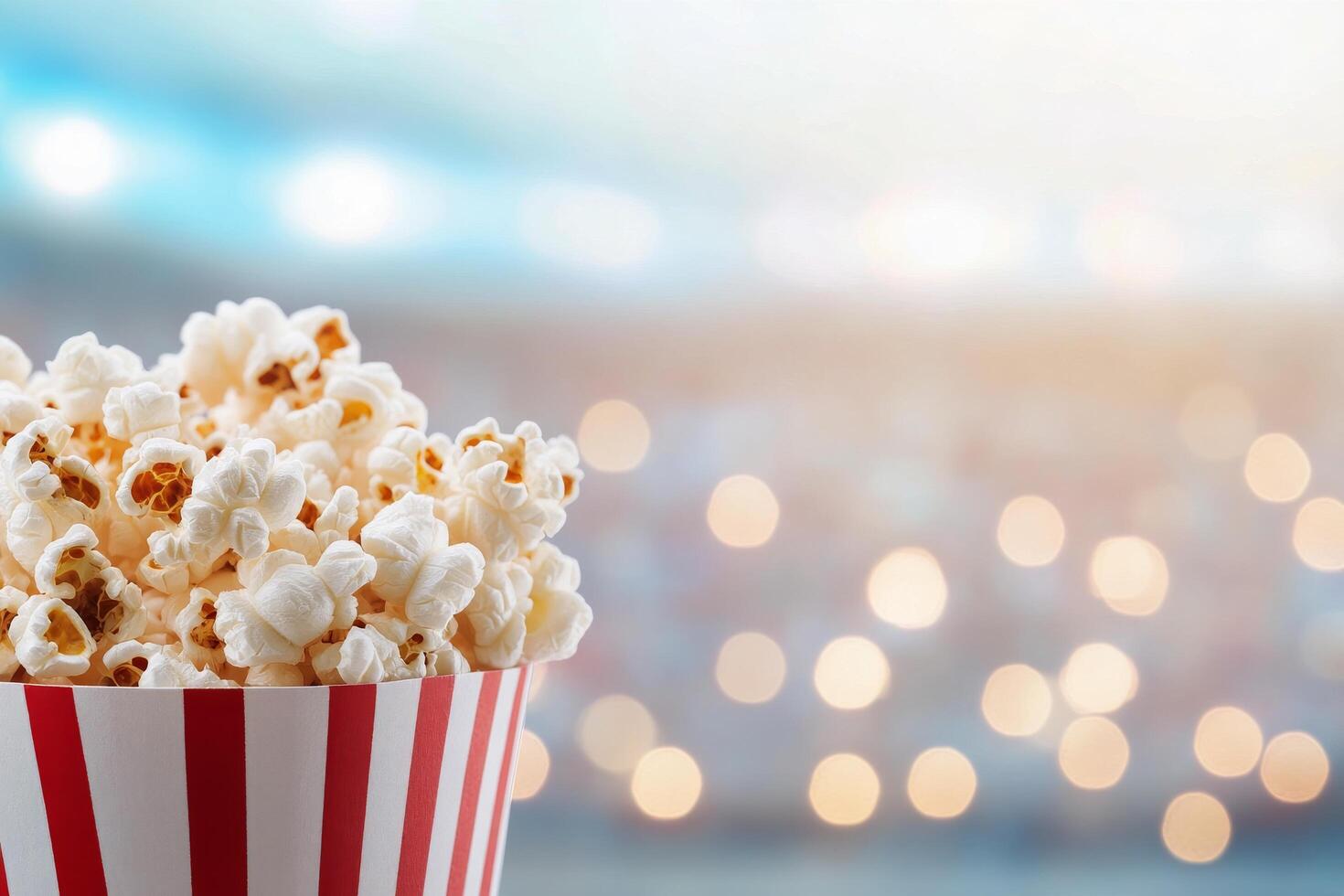 Delicious popcorn in striped container at a vibrant event under bright lights photo