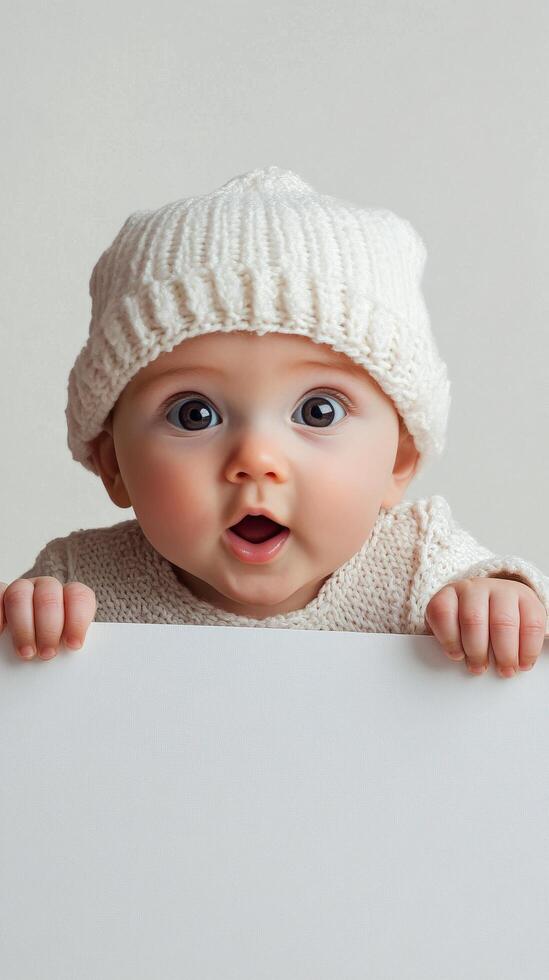 Cheerful baby expressing surprise while peeping over a blank surface in a cozy setting photo