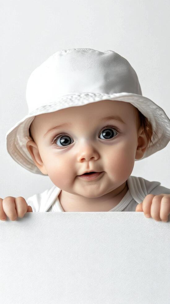 Cheerful baby expressing surprise while peeping over a blank surface in a cozy setting photo
