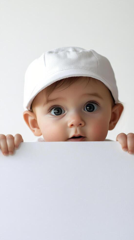 Cheerful baby expressing surprise while peeping over a blank surface in a cozy setting photo